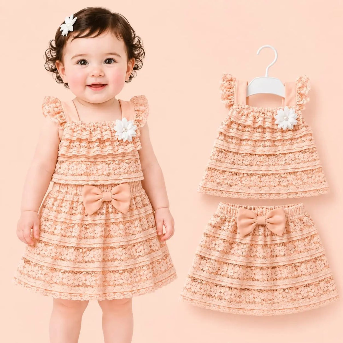 طقم بناتي دانتيل بفيونكة – قطعتين – صورة إضافية 2 – Nino Baby
