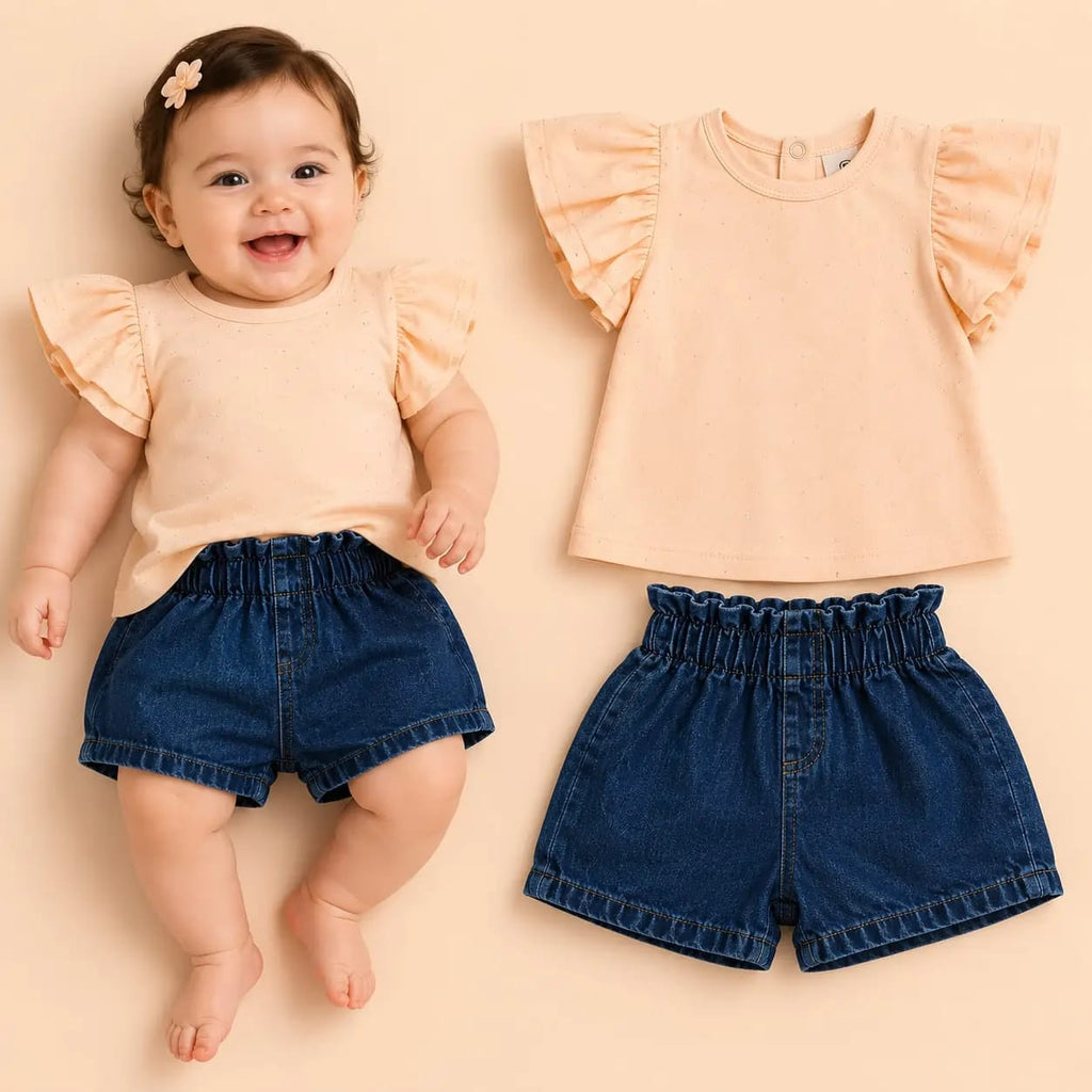 طقم خروج بناتي بأكمام كشكش – بلوزة قطن وشورت جينز – صورة إضافية 1 – Nino Baby