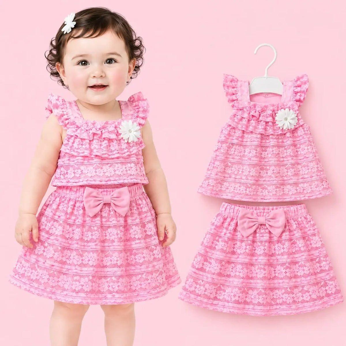 طقم بناتي دانتيل بفيونكة – قطعتين – صورة إضافية 5 – Nino Baby