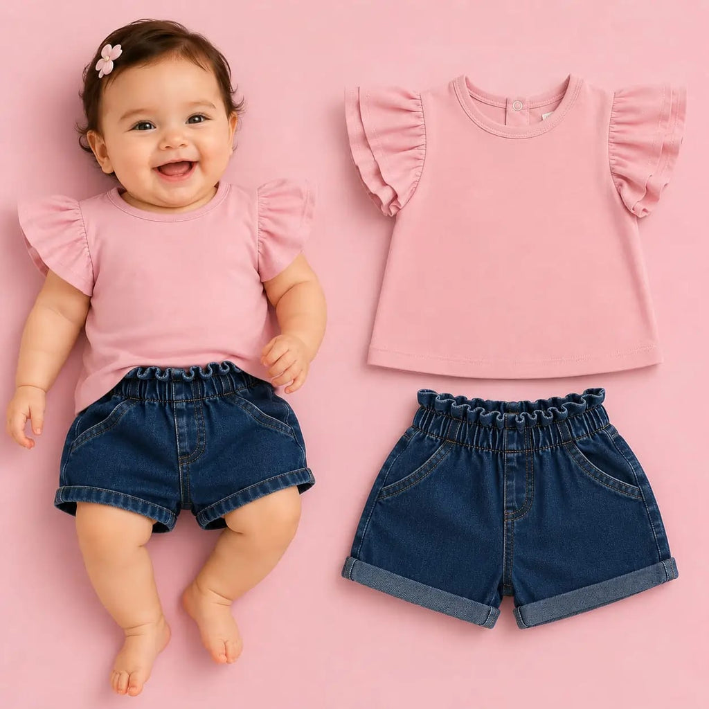 طقم خروج بناتي بأكمام كشكش – بلوزة قطن وشورت جينز – صورة إضافية 2 – Nino Baby