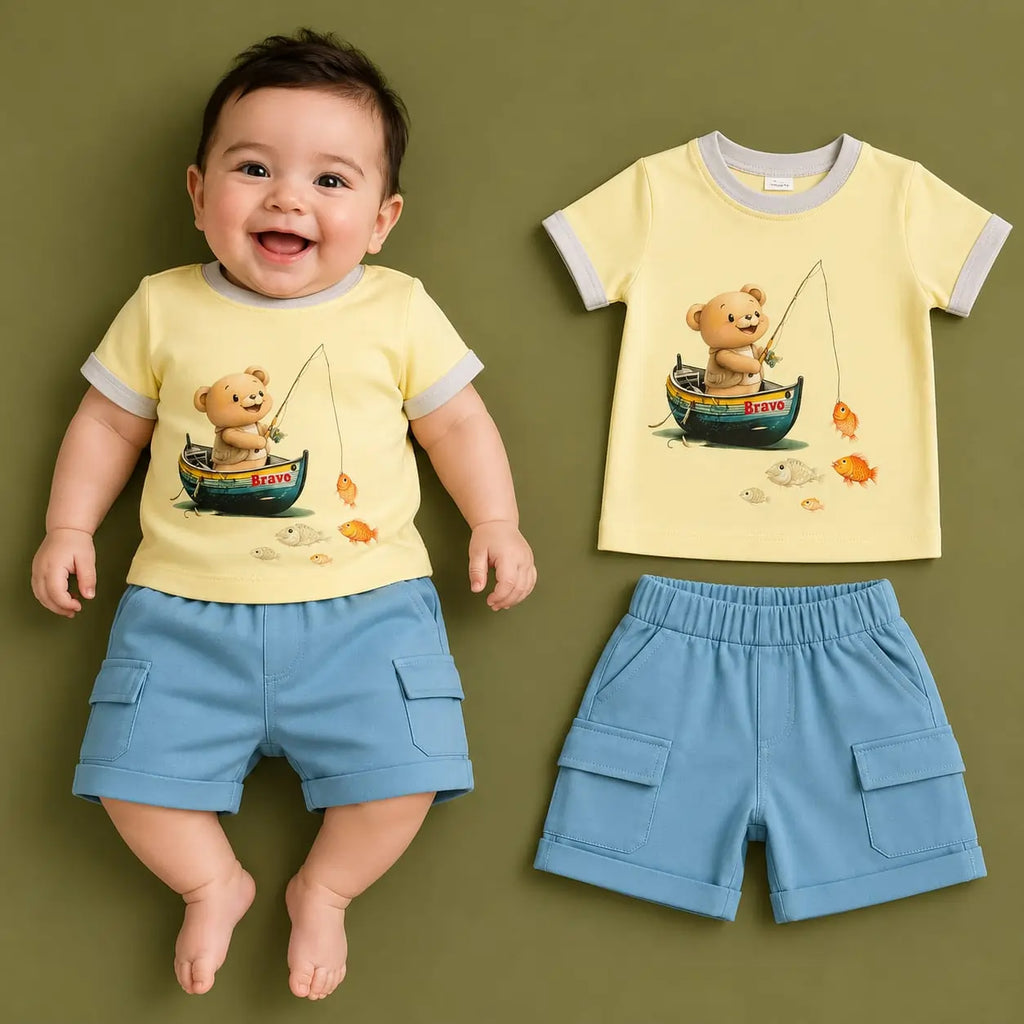 طقم بيبي صيفي قطعتين – تيشيرت قطن وشورت كارجو – صورة إضافية 1 – Nino Baby