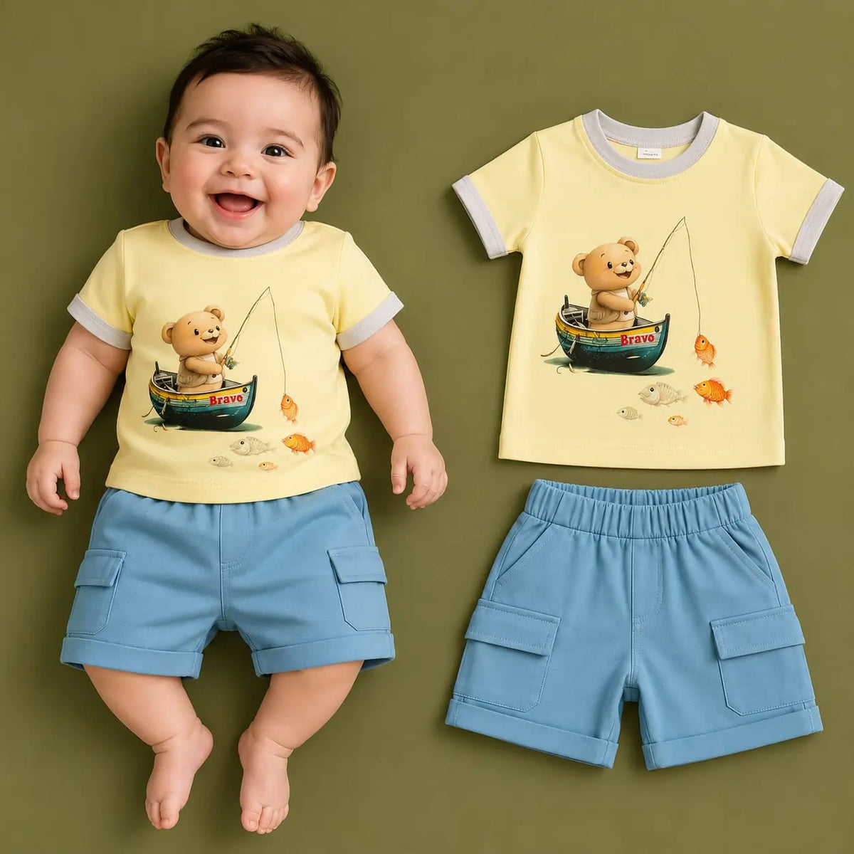 طقم بيبي صيفي قطعتين – تيشيرت قطن وشورت كارجو – صورة إضافية 1 – Nino Baby