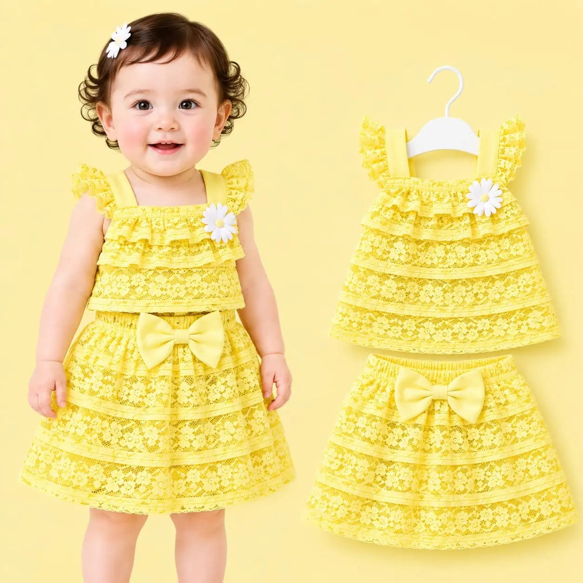طقم بناتي دانتيل بفيونكة – قطعتين – صورة إضافية 1 – Nino Baby