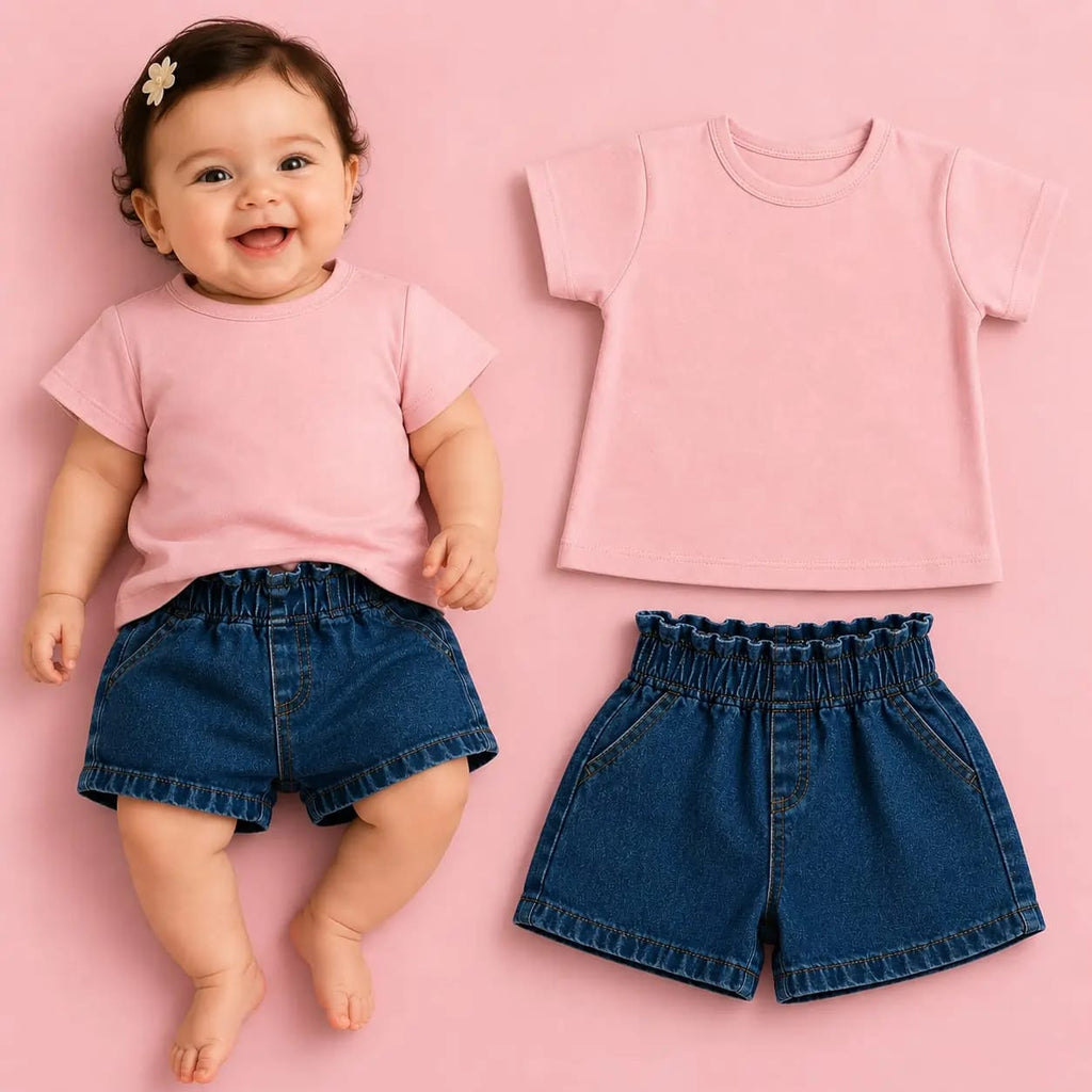 طقم خروج بناتي بلمعة رقيقة – بلوزة قطن وشورت جينز – صورة إضافية 1 – Nino Baby