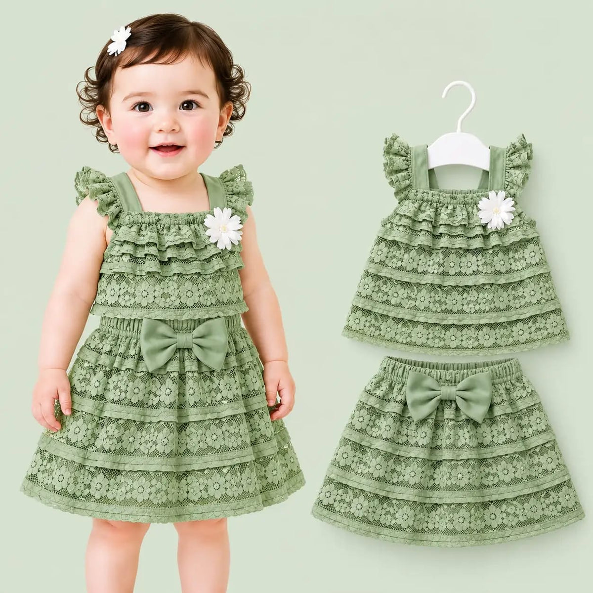 طقم بناتي دانتيل بفيونكة – قطعتين – صورة إضافية 3 – Nino Baby